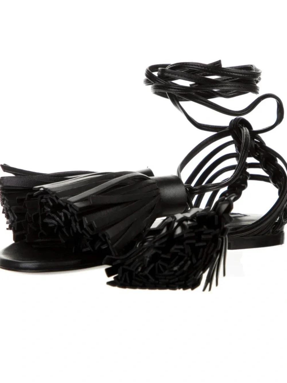 Jil Sander Black Leather Tassel Wrap Sandals - Picture 2 of 5